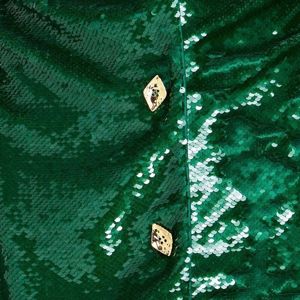 NWT Ganni Kelly Green Sequin Halter Midi Dress Ruched Jewel Button Party 36 US 4 - Picture 4 of 10